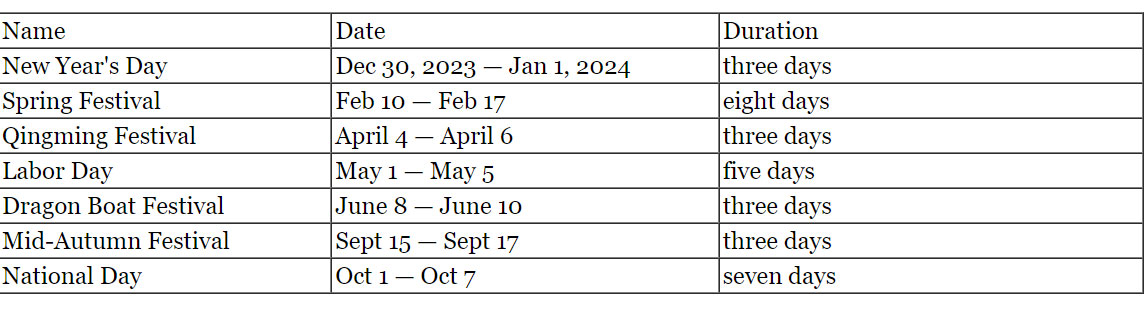 2024 public holiday and leave in China