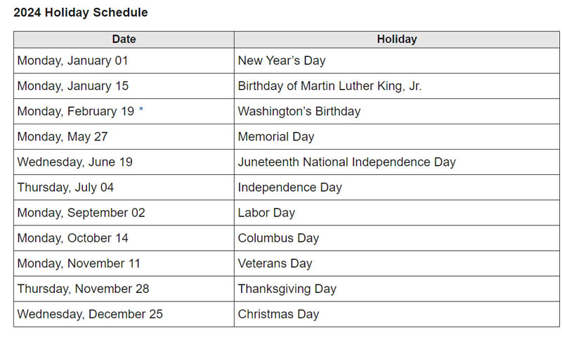 2024 holiday schedule in US